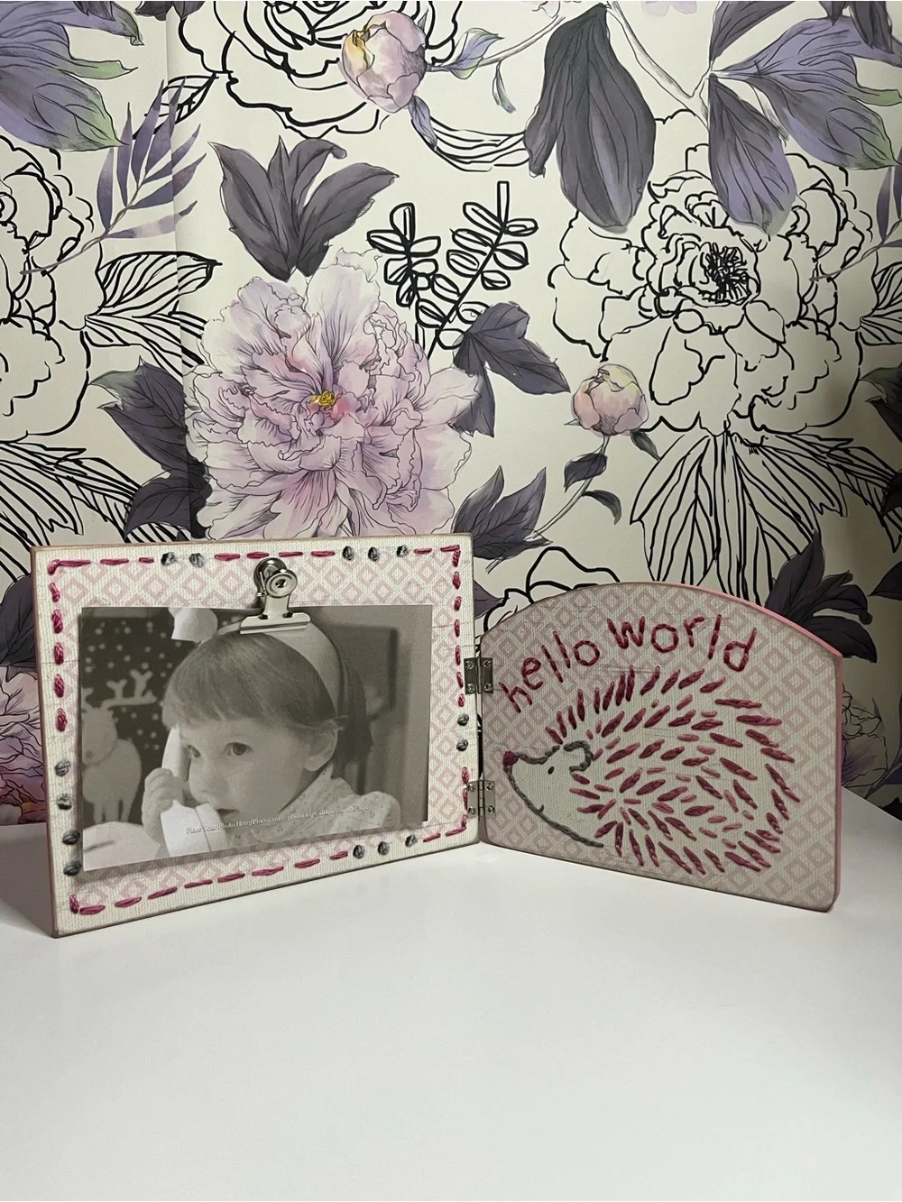 Baby girl Newborn Photo Frame Primitives by Kathy Hinged wood Stitch Art Gift